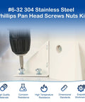 Heavy Duty 6-32 Phillips Pan Head Machine Screw Kit Featuring Three Hundred Seventy Top Shelf 304 Stainless Steel Fasteners in use with drill.