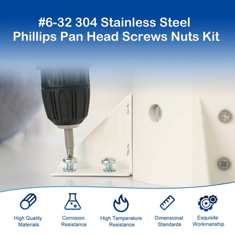 Heavy Duty 6-32 Phillips Pan Head Machine Screw Kit Featuring Three Hundred Seventy Top Shelf 304 Stainless Steel Fasteners in use with drill.