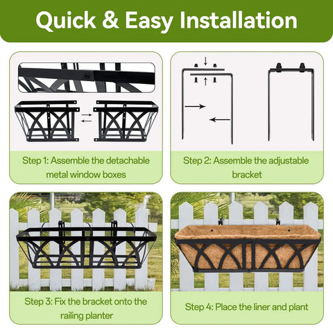 Installation steps for Two Pack 24 Inch Railing Planter Boxes With Coco Liners And Adjustable Brackets For Outdoor Balcony Fence Deck Porch And Garden