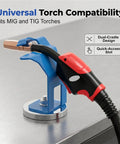 Heavy Duty Welding Holder With Precision Support And Strong Magnetic Base For Secure MIG Torch Stand Anti Slip Design, displays MIG torch on magnetic holder.