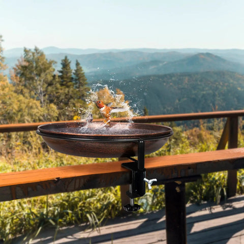 Deck Mounted Metal Bird Bath With Adjustable Steel Clamp For Railings And Balconies No Fuss Lightweight Detachable Bowl Weatherproof Rust Resistant Stand That Secures To Deck Rail Against Wind in use with bird.