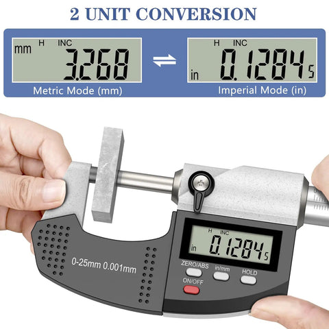 Dual-Mode Outside Micrometer With Digital And Mechanical Readout, Easy Switch, 0-1 Inch And 0-25.4 Mm, Ultra-Precise 0.00005 Inch And 0.001 Mm, Large LCD Display, Pro-Grade Machinist Thickness Gauge With Protective Case. Metric and imperial readout with 0-25mm measurement