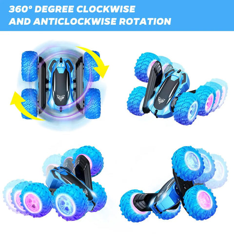 High Speed 2.4GHz Remote Control Stunt Car Beast Mode with dual sided 360 degree flips and rotating wheels showcasing LED headlights
