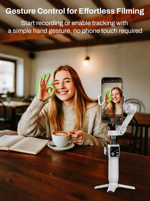 Woman using gesture control with 3 Axis Smartphone Gimbal Stabilizer For iPhone And Android With Bluetooth Remote Control