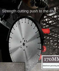 Heavy Duty Electric Concrete Cutter Saw With 8900W Motor Dual Blades And Integrated Water Pump Zero Hassle Setup Smooth Cut Jobsite Ready For Stone Brick And Block Pros Absolutely Crush It With This Rig close-up of sharp concrete cutting blade.