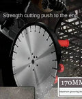 Close-up of Professional Grade Heavy Hitter Electric Concrete Cutter Saw with 170MM dual high impact blades for masonry.