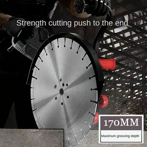Close-up of Professional Grade Heavy Hitter Electric Concrete Cutter Saw with 170MM dual high impact blades for masonry.