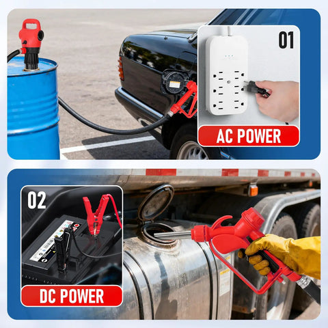Beefy Electric Drum Pump With 120V AC and 12V DC Power, in use with car and truck, red nozzle, telescoping suction tube.