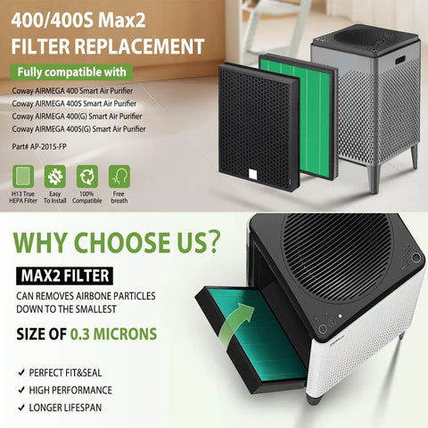 Max2 400 Series Replacement Filter For Airmega 400 400S 400G Purifier displayed with air purifier unit.