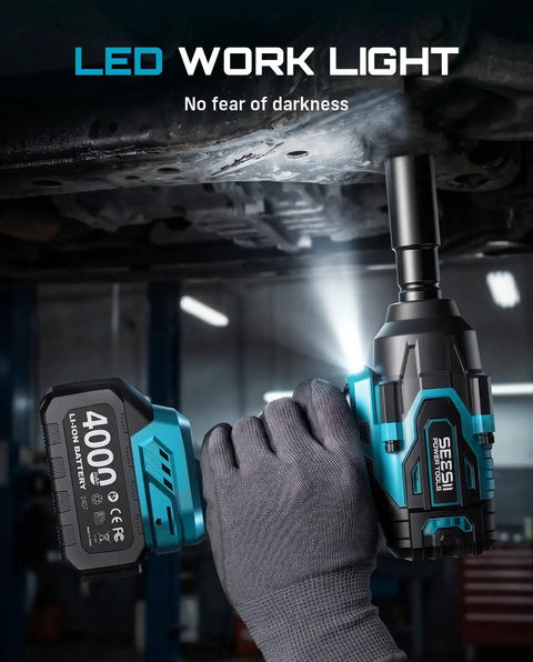 Heavy Duty 1000 Newton Meter Cordless Impact Wrench Kit with half inch drive, 21 Volt, in use on car underside