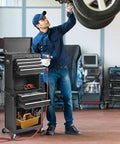 Six Drawer Rolling Tool Chest With Locking Cabinet On Wheels, 3 In 1 Tool Cabinet with mechanic in workshop