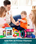 Family playing with toys and XZN FDM 3D printer filament beside, promoting creativity with colorful 3D prints in a home setting.