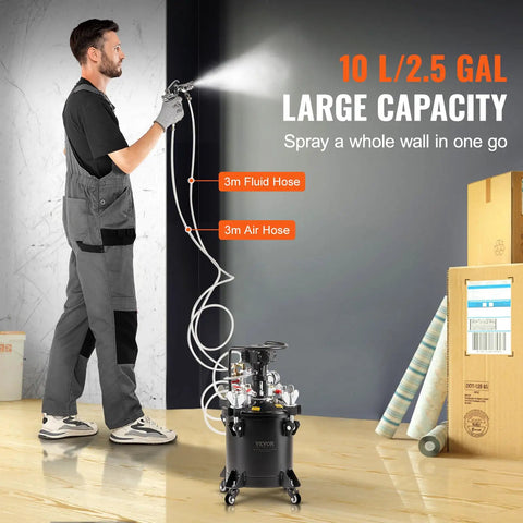 No Sweat Automatic Stirring Spray Paint Pressure Pot Two Point Five Gallon Air Powered Paint Mixer Tank with sprayer in use