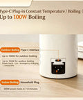 Type-C Plug-in overview for Grab And Go Travel Kettle, 500 Ml Heated Water Cup, showing indoor and outdoor boiling options.