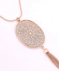 Long Layered Necklace Set For Women With Oval Disk Pendant And Tassel Fringe Y Shape Necklace In Rose Gold, close-up view.