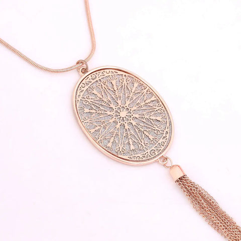 Long Layered Necklace Set For Women With Oval Disk Pendant And Tassel Fringe Y Shape Necklace In Rose Gold, close-up view.