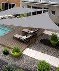 Overhead view of Right Triangle Shade Sail Canopy 12x12x17 for patio and backyard, installed over pool area with lounge chairs.