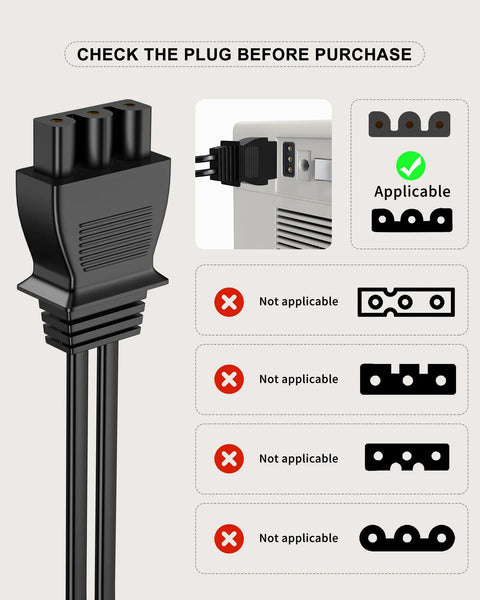 Foot pedal power cord, front view, black plastic with D-shaped 3-hole plug for Singer sewing machines.