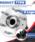 4WD Front Wheel Hub Bearing Assembly With ABS For Chevy Silverado Suburban Tahoe Avalanche Escalade GMC Yukon 1 PC OE Replacement 515096 WE60747 BR930661 25918329, showing 6 lugs and ABS sensor