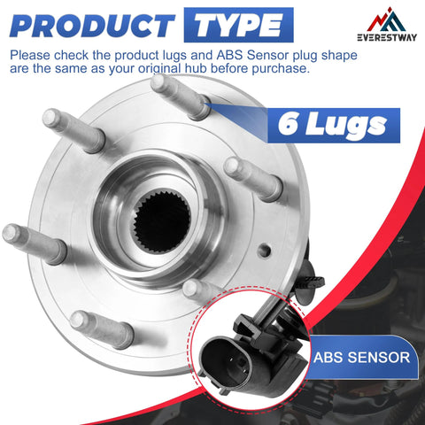 4WD Front Wheel Hub Bearing Assembly With ABS For Chevy Silverado Suburban Tahoe Avalanche Escalade GMC Yukon 1 PC OE Replacement 515096 WE60747 BR930661 25918329, showing 6 lugs and ABS sensor