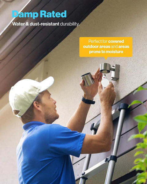 Man installing 10 Pack No Fuss Dusk To Dawn A19 LED Outdoor Light Bulbs, Photocell Auto On Off Sensor for easy exterior lighting.