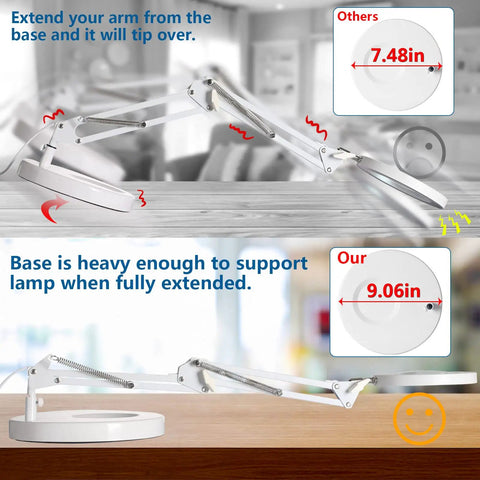 10X Magnifying Light With LED Desk Lamp Clamp demonstration, showing stability when fully extended, with 9.06-inch base.