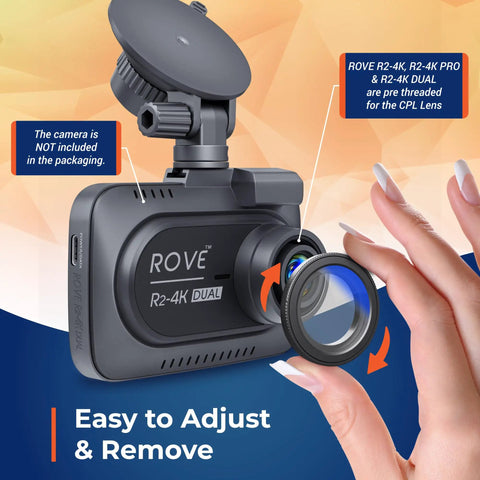 Hand holding Anti-Glare Circular Polarizer CPL Filter For R2-4K Dash Cam, showing compatibility with R2-4K DUAL model