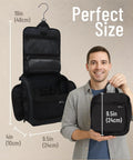 On The Go Travel Toiletry Bag With Ten Compartments Hanging Cosmetic Organizer in black with dimensions shown