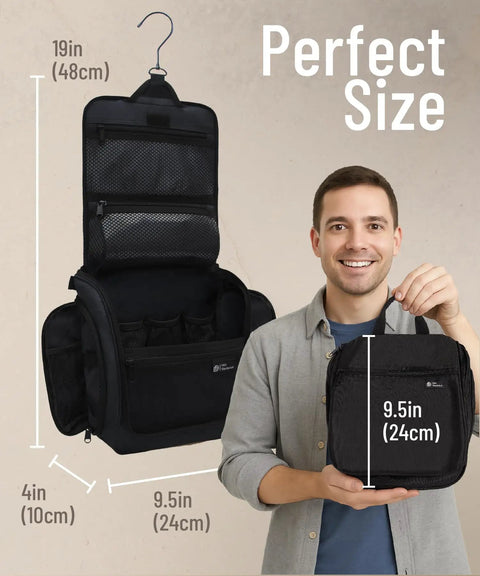 On The Go Travel Toiletry Bag With Ten Compartments Hanging Cosmetic Organizer in black with dimensions shown
