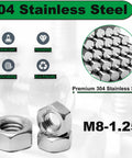 Beefy M8 Hex Nuts Set In 304 Stainless Steel Right Hand Thread M8 X 1.25 Pitch DIN934 Standard for machinery and DIY projects.