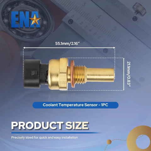 Side view of ENA coolant temperature sensor: brass threaded stem, black plastic connector, 55.1 mm length