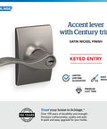 Accent Lever With Century Trim Keyed Entry Lock In Satin Nickel, Reversible For Left Or Right Swing Doors, Self Aligning Screw Holes