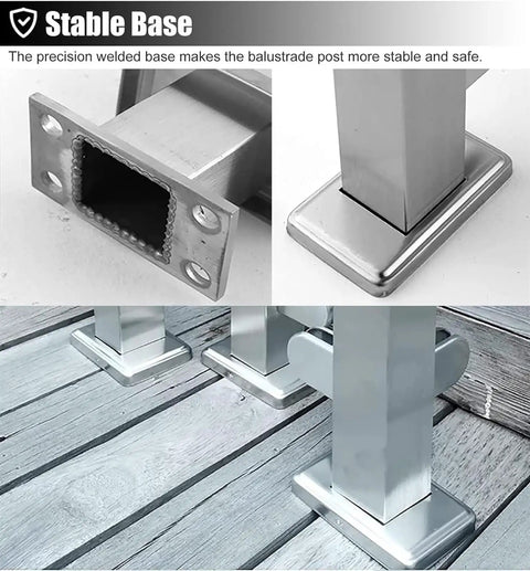 Glass Railing Kit With Clamp for Panels Balcony Deck Patio and House Handrail 95 cm Terminal Post base detail shown on wood deck.