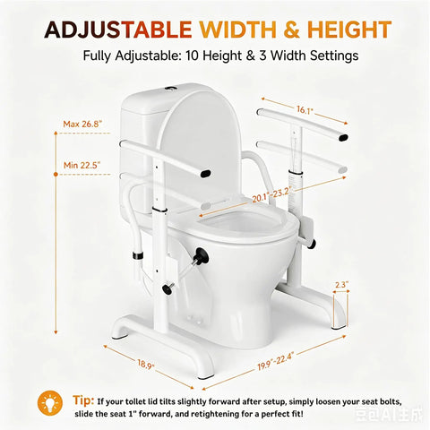Solid as a Rock Toilet Safety Rails with Heavy Duty Grab Bars showcasing adjustable height up to 26.8 inches for seniors' support.
