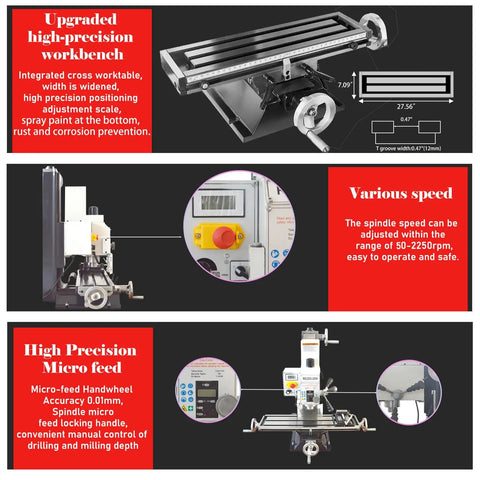 Precision Benchtop Drill And Mill Machine Featuring R8 Spindle Taper And 1.5HP Brushless Motor showing upgraded workbench and controls.