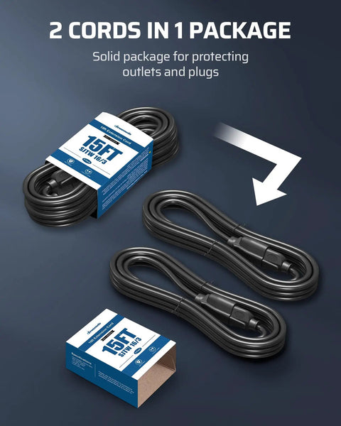 Two Pack 15ft Outdoor Extension Cords 14/3 SJTW Weatherproof Copper Wire ETL Listed Black Heavy Duty Portable Power Cables For Lawn Tools, Patio Lights, And Outdoor Equipment, Durable, Tangle Resistant. Two black 15ft cords in one package