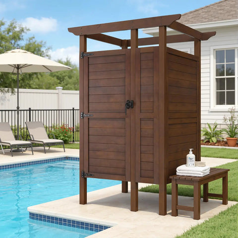 All Weather Solid Wood Outdoor Shower Enclosure With Storage Shelf And Lockable Door For Poolside Backyard Beach Use