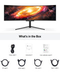 49 Inch OLED Ultrawide Curved Monitor With 5120x1440 Resolution And 144Hz Refresh, 0.03ms Response, showing box contents