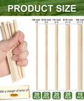 100 Piece Solid Wood Dowel Rods Assortment With 1/8 3/16 1/4 5/16 3/8 Inch Diameter By 6 Inch Length, showcasing sizes and hand holding.