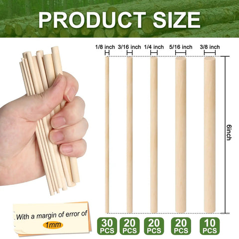100 Piece Solid Wood Dowel Rods Assortment With 1/8 3/16 1/4 5/16 3/8 Inch Diameter By 6 Inch Length, showcasing sizes and hand holding.