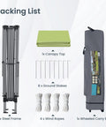 Packing list for Pop-Up Canopy Tent 13x13 Instant Shelter with Wheeled Carry Bag, frame, canopy top, stakes, ropes.