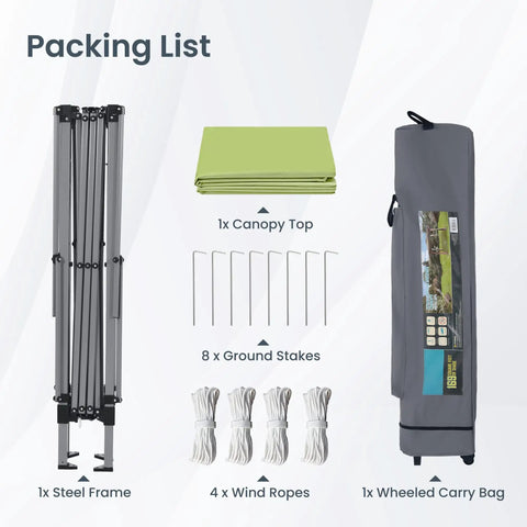 Packing list for Pop-Up Canopy Tent 13x13 Instant Shelter with Wheeled Carry Bag, frame, canopy top, stakes, ropes.
