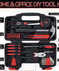 58 Piece Home DIY Tool Set With Durable Plastic Toolbox Case Grab And Go Starter Kit For Home Garage Office And Dorm, All Purpose Hand Tools For Quick Fixes And Projects In Red visible in open black case displaying various tools