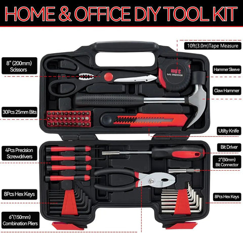 58 Piece Home DIY Tool Set With Durable Plastic Toolbox Case Grab And Go Starter Kit For Home Garage Office And Dorm, All Purpose Hand Tools For Quick Fixes And Projects In Red visible in open black case displaying various tools