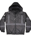 Front view of Enhanced Visibility Winter Jacket for Night and Low Light Conditions, Black, X Large, with reflective tape detailing.