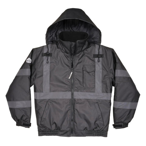 Front view of Enhanced Visibility Winter Jacket for Night and Low Light Conditions, Black, X Large, with reflective tape detailing.