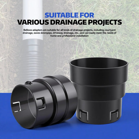 Black 4-inch PVC to corrugated pipe adapter, push-fit; connects 4" corrugated drain to SDR-35/SCH-40 PVC, 2-piece set