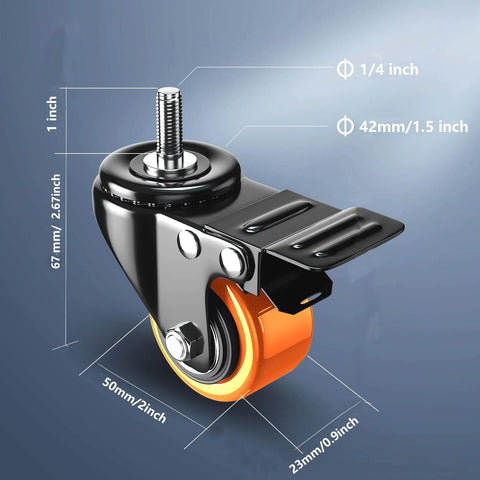 Heavy Duty Stem Caster Wheels Set of 4 With 2 Inch Swivel Casters and 1 Inch Stem Length 1/4-20 Threaded Brakes, close-up view