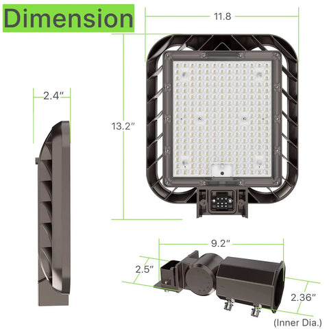 Dimensions of 200W LED Parking Lot Light With 30000LM Dusk To Dawn Photocell IP65 Waterproof Area Lighting, front and side view
