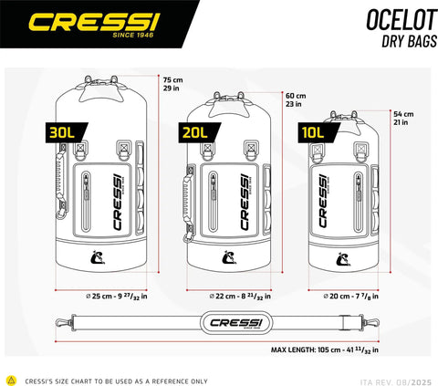 Ocelot Dry Bag Waterproof And Dry Backpack 20 L size comparison with 10 L and 30 L, shown with dimensions and features.